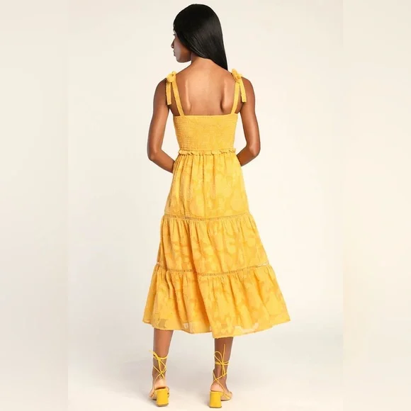 Lulu’s Love Yellow Jacquard Smocked Tie-Strap Midi Dress - Picture 2 of 6